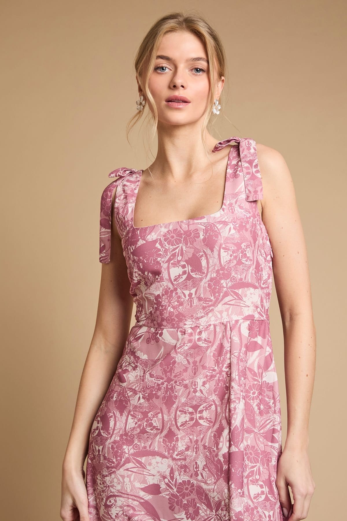 Oasis Oasis Women's Petite Floral Tie Shoulder Midaxi Dress in Pink - 4