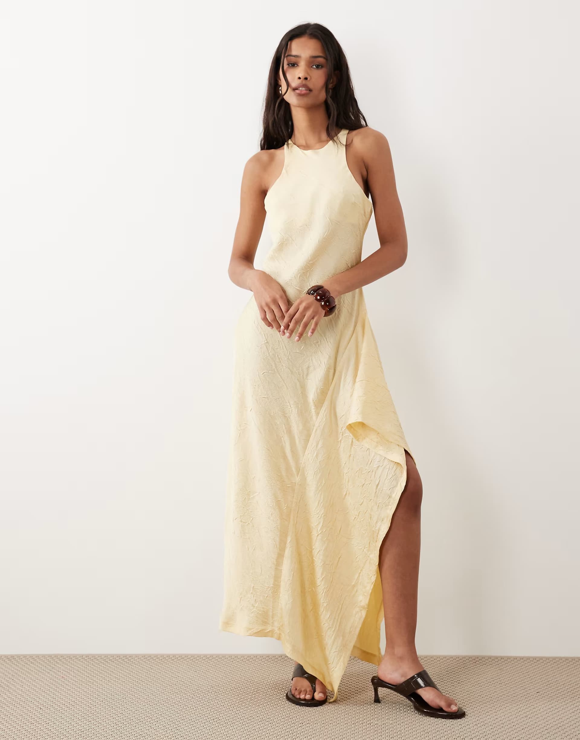 ASOS ASOS DESIGN satin racer midi dress with side ruffle detail in buttermilk