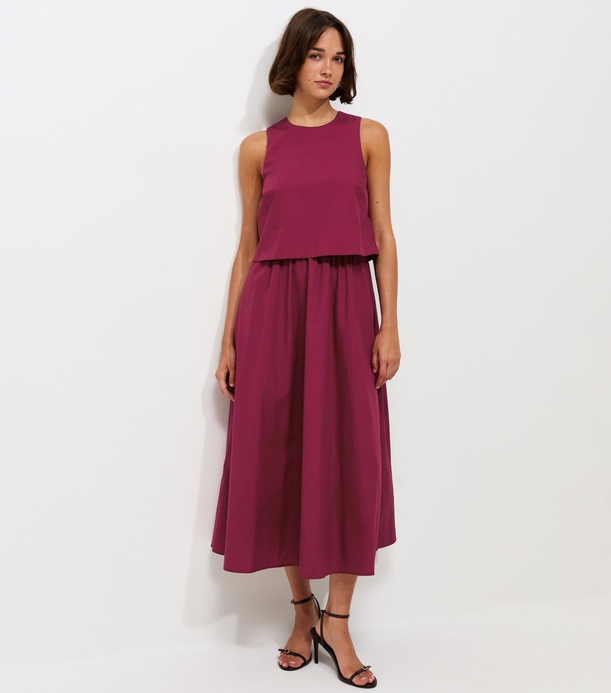New Look Women's Dark Burgundy Cotton Layered 2-in-1 Sleeveless Midi Dress New Look