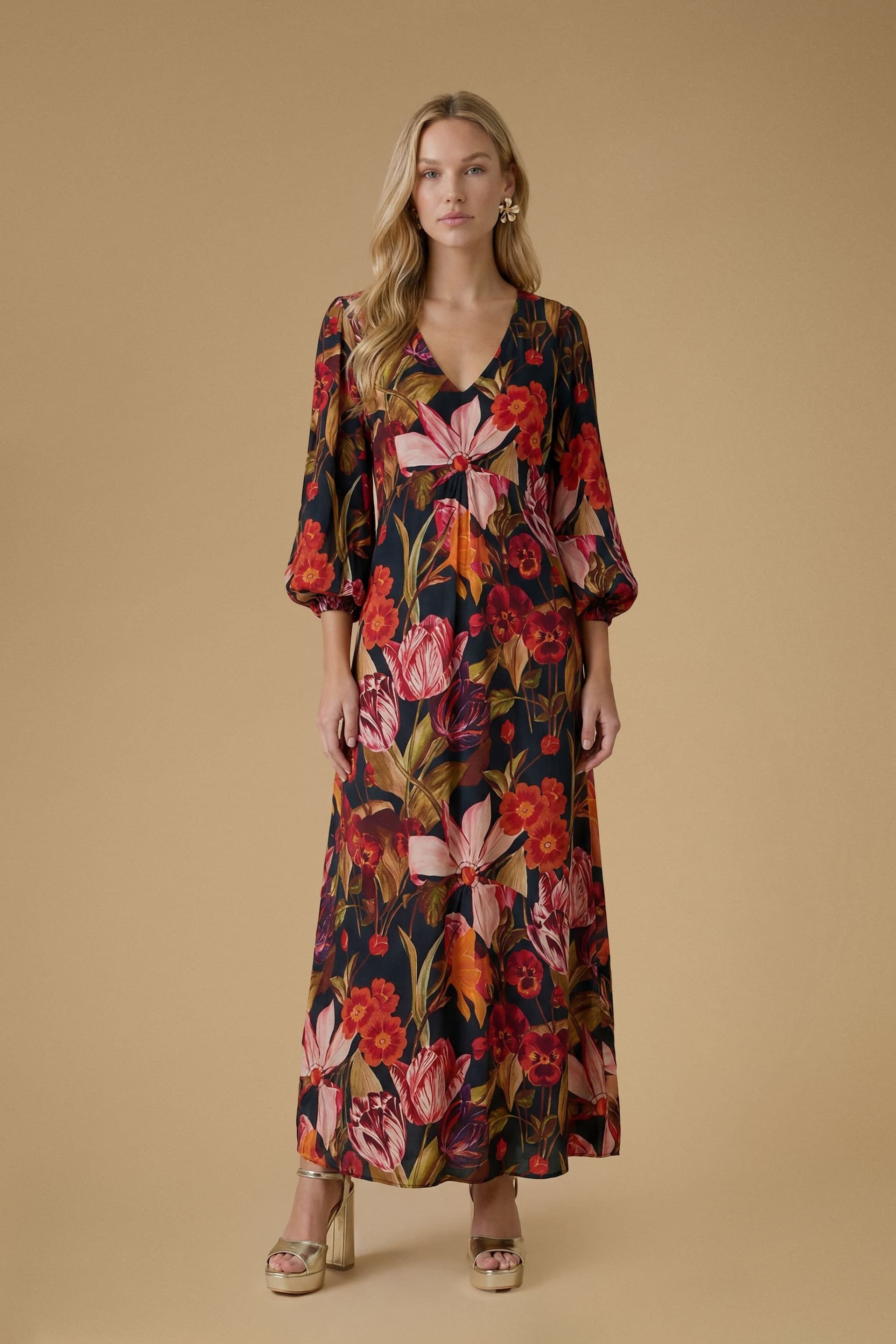 Oasis Oasis Women's Volume Sleeve Printed Viscose Midaxi Dress