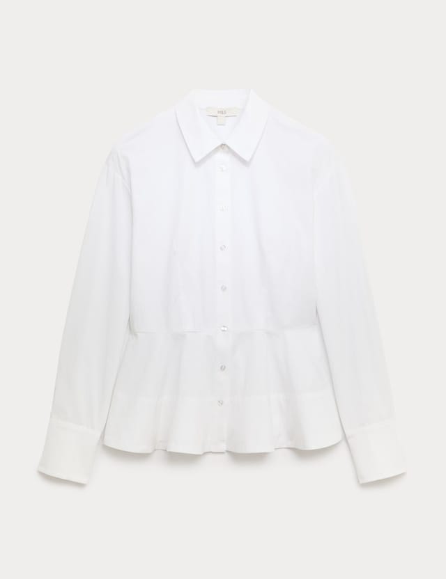 Marks & Spencer M&S Pure Cotton Button Through Peplum Shirt Soft White - 2