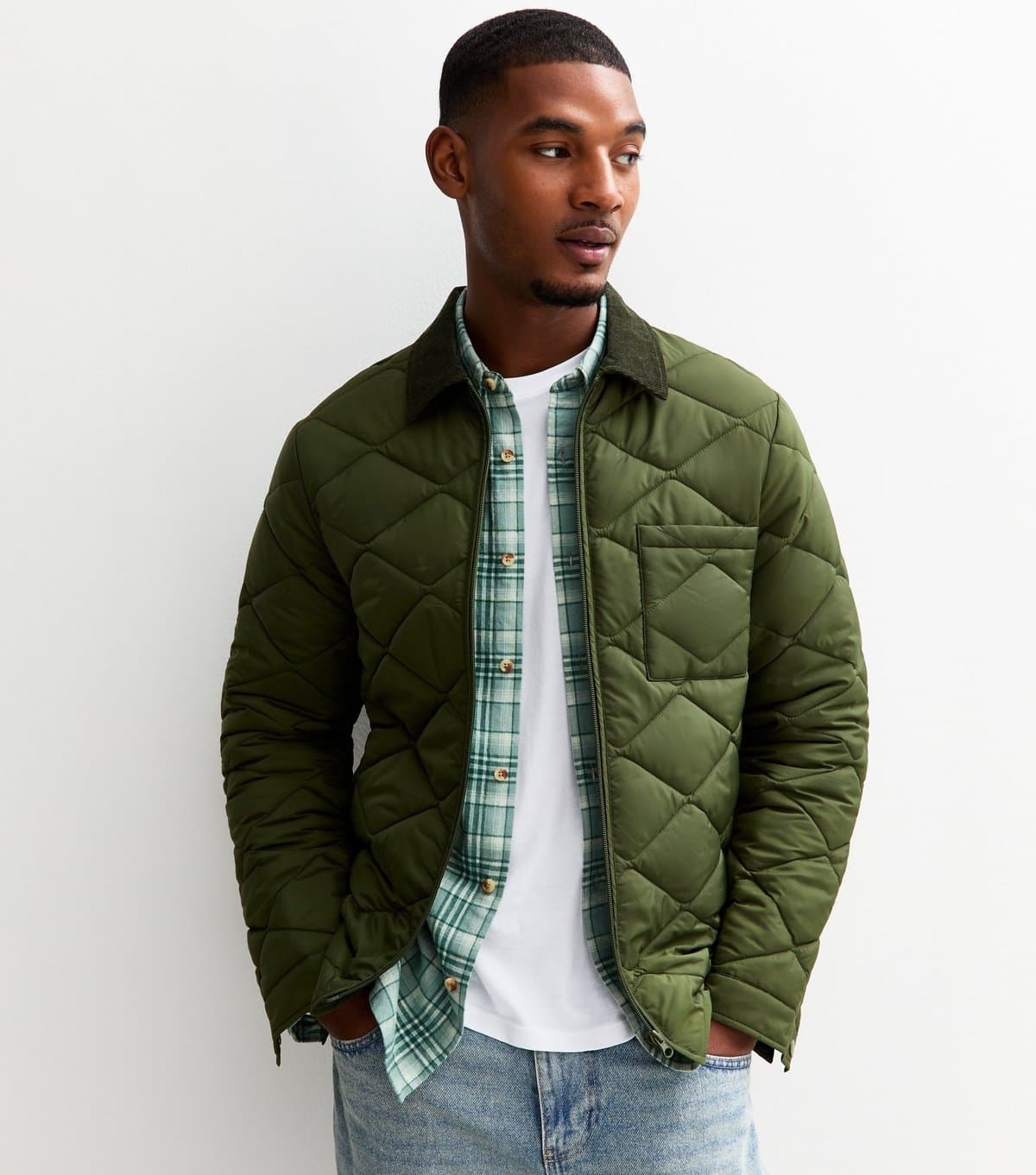 New Look Men's Green Regular Fit Corduroy Collar Quilted Jacket New Look
