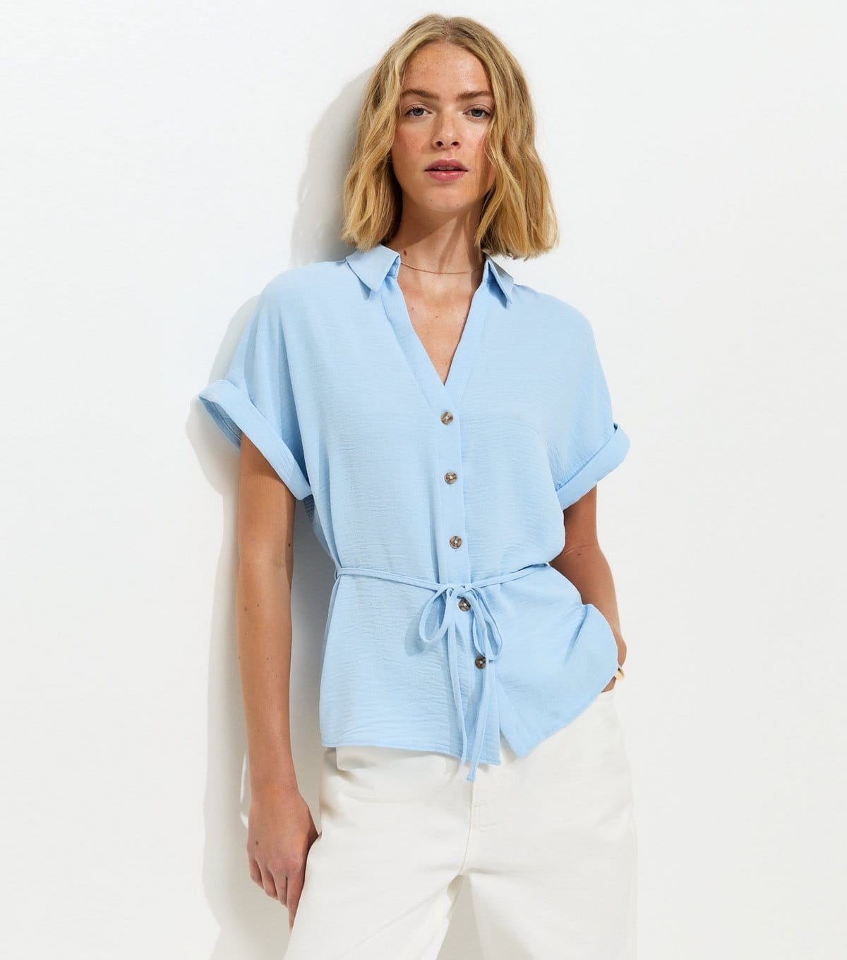 Women's Light Blue Belted Short Sleeve Shirt New Look