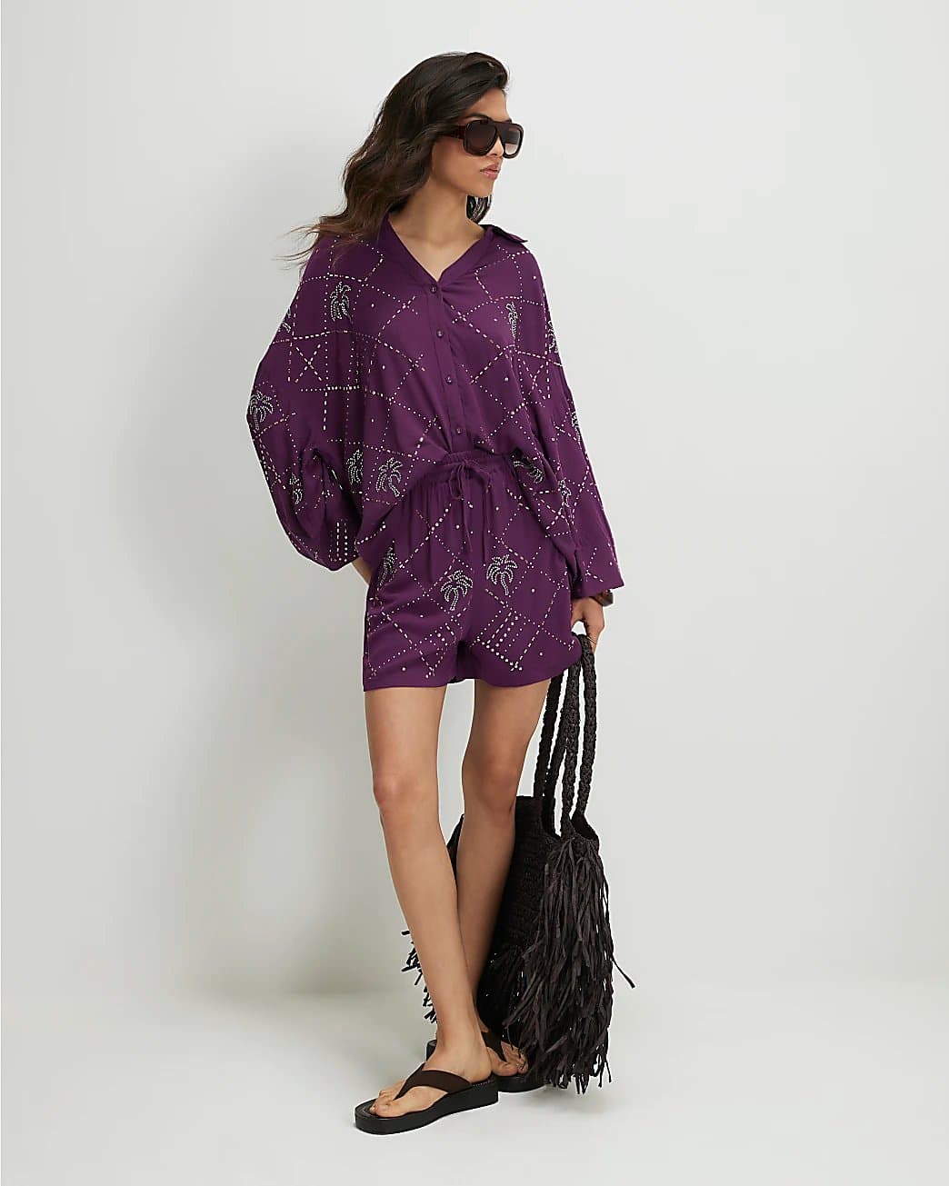 River Island River Island Womens Purple Embellished Palm Shorts
