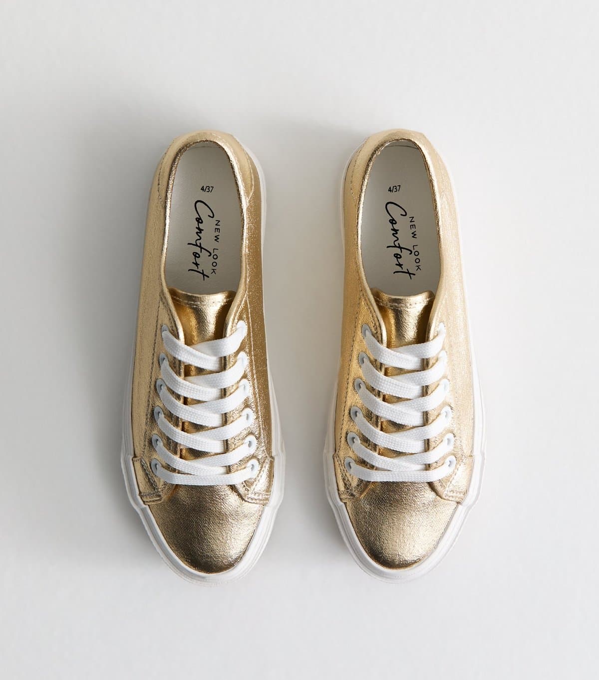 New Look Women's Gold Metallic Canvas Lace Up Trainers Vegan New Look