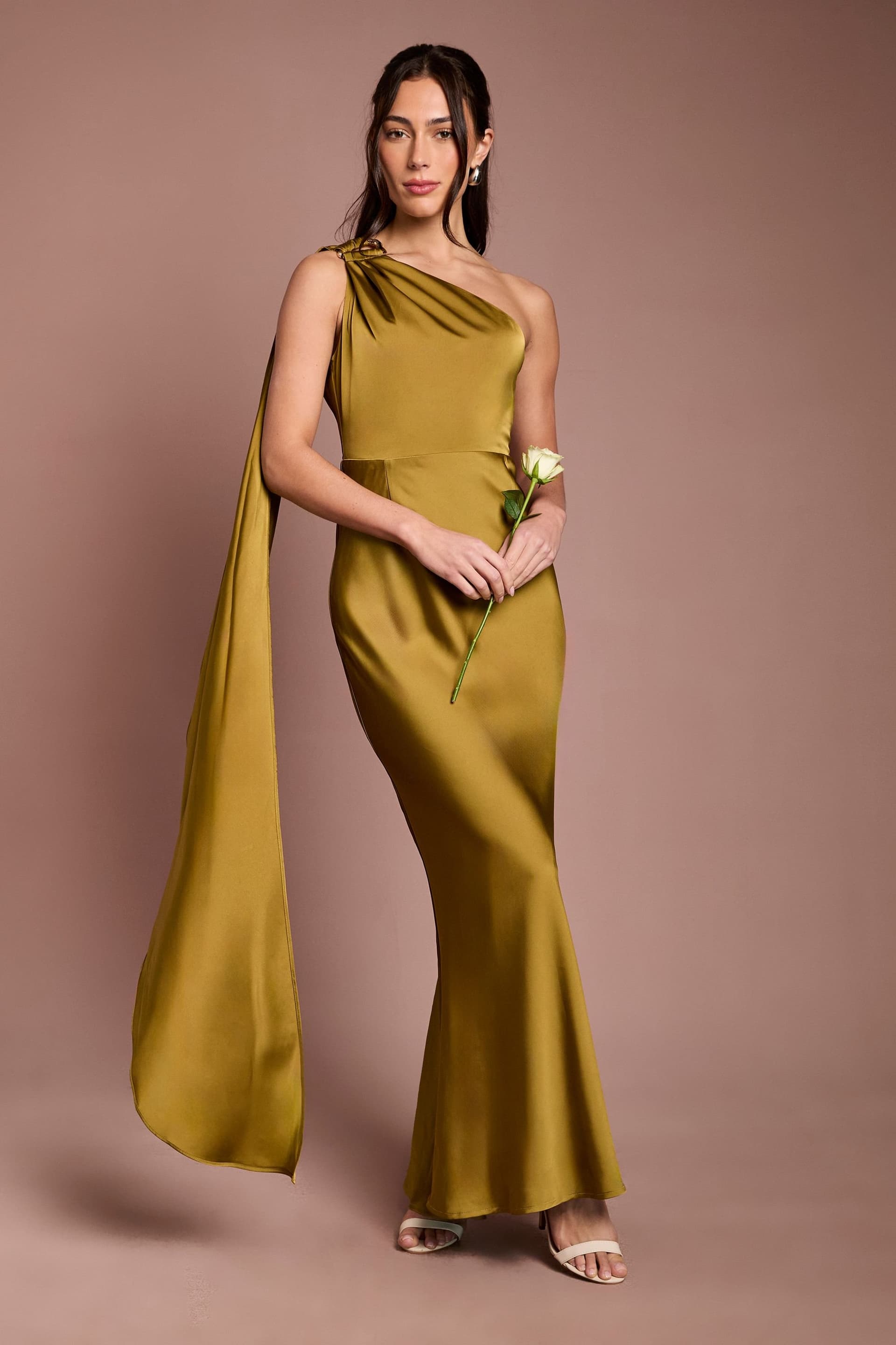 Coast Coast Women's One Shoulder Satin Maxi Bridesmaid Dress With Gold Trim in Olive