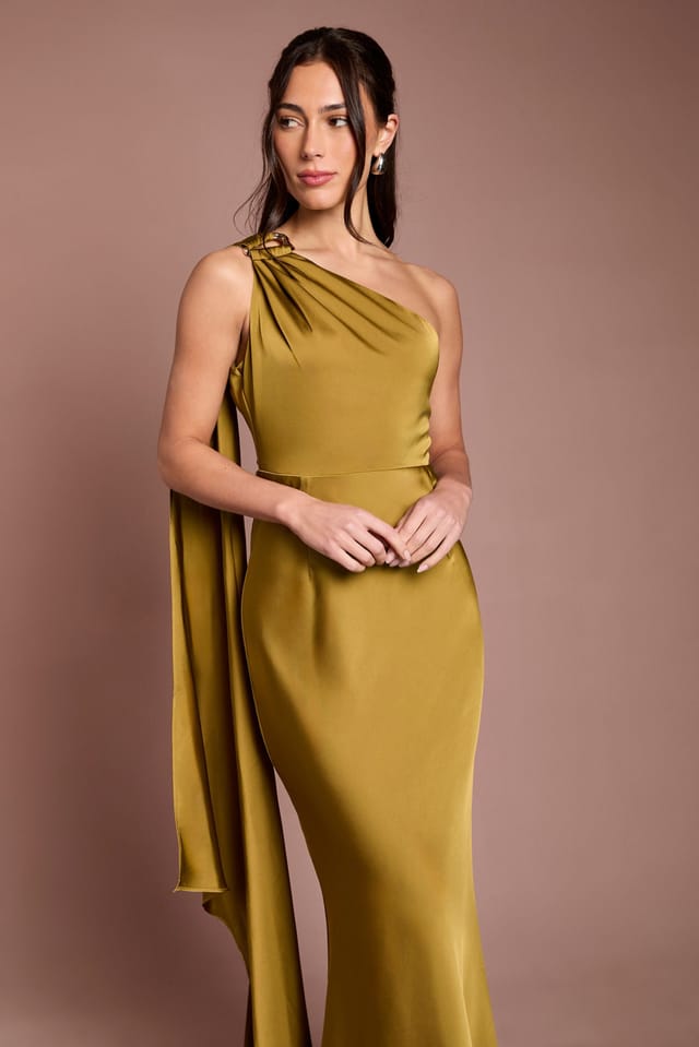 Coast Coast Women's One Shoulder Satin Maxi Bridesmaid Dress With Gold Trim in Olive - 2