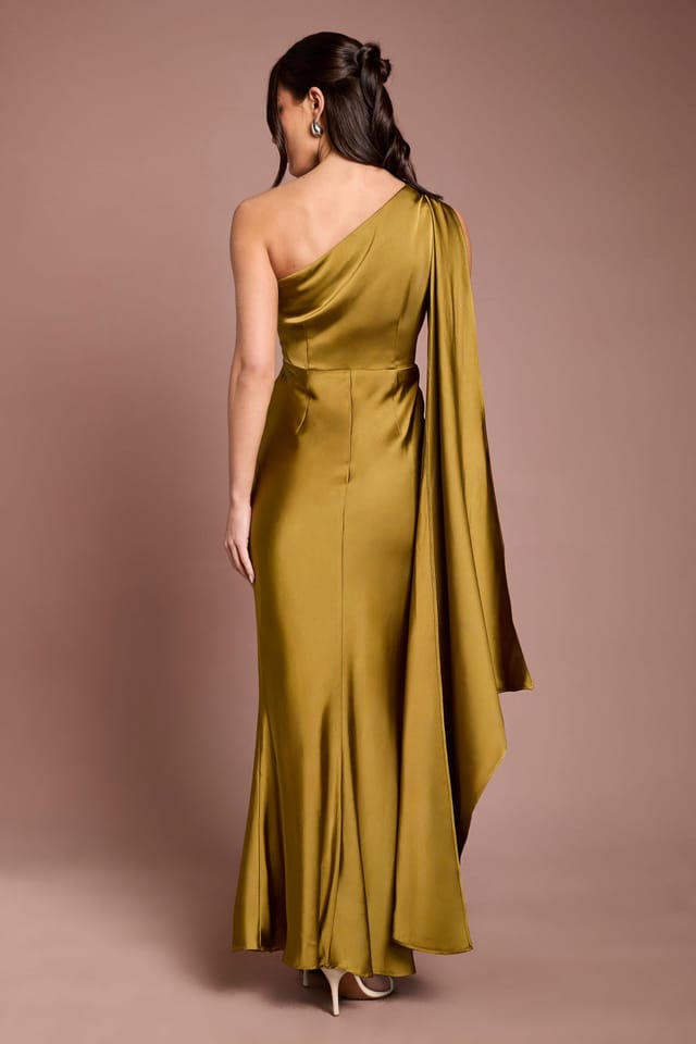 Coast Coast Women's One Shoulder Satin Maxi Bridesmaid Dress With Gold Trim in Olive - 3