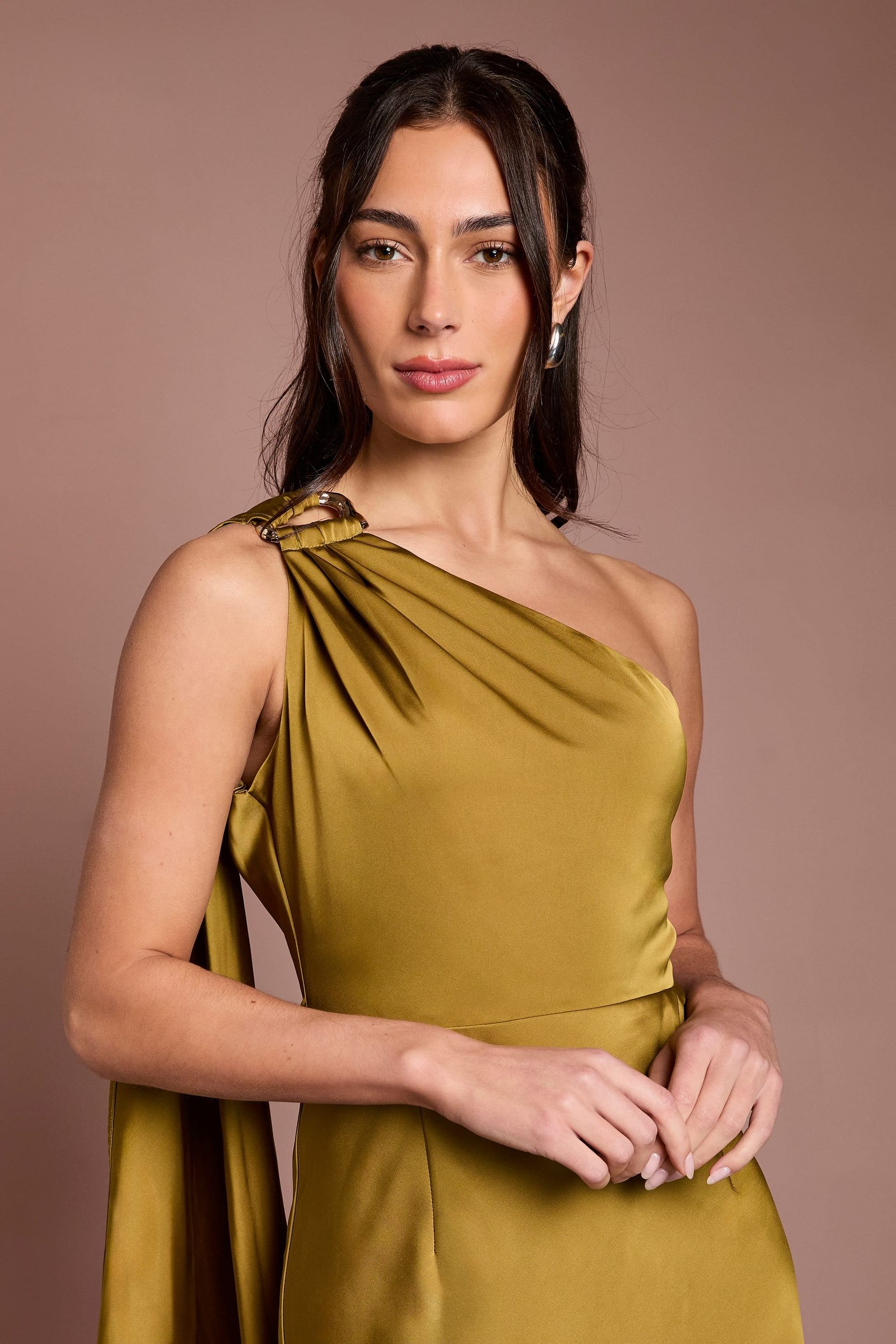 Coast Coast Women's One Shoulder Satin Maxi Bridesmaid Dress With Gold Trim in Olive - 4
