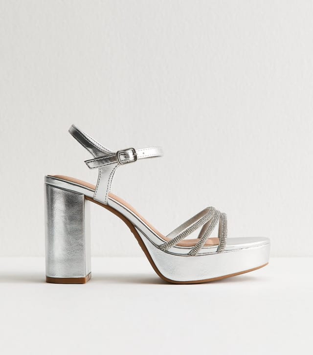 New Look Women's Silver Embellished Block Heel Platform Sandals Vegan New Look - 2