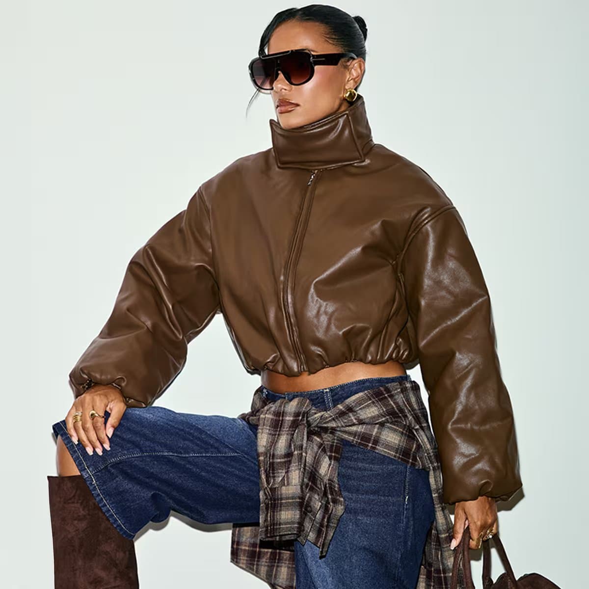 EGO Funnel Neck Wrap Panel Puffer Jacket In Brown Faux Leather, Women's Size UK 6