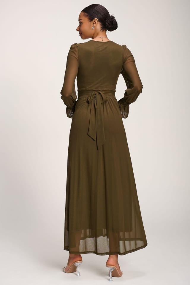 Jolie Moi Jolie Moi Women's Long Sleeve Mesh Maxi Dress in Dark Olive - 2