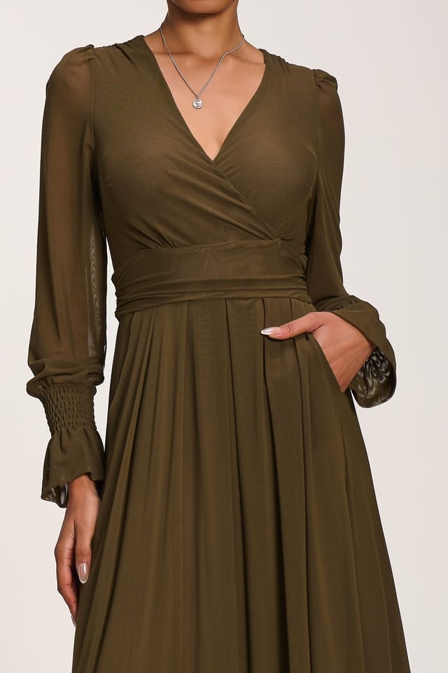 Jolie Moi Jolie Moi Women's Long Sleeve Mesh Maxi Dress in Dark Olive - 3