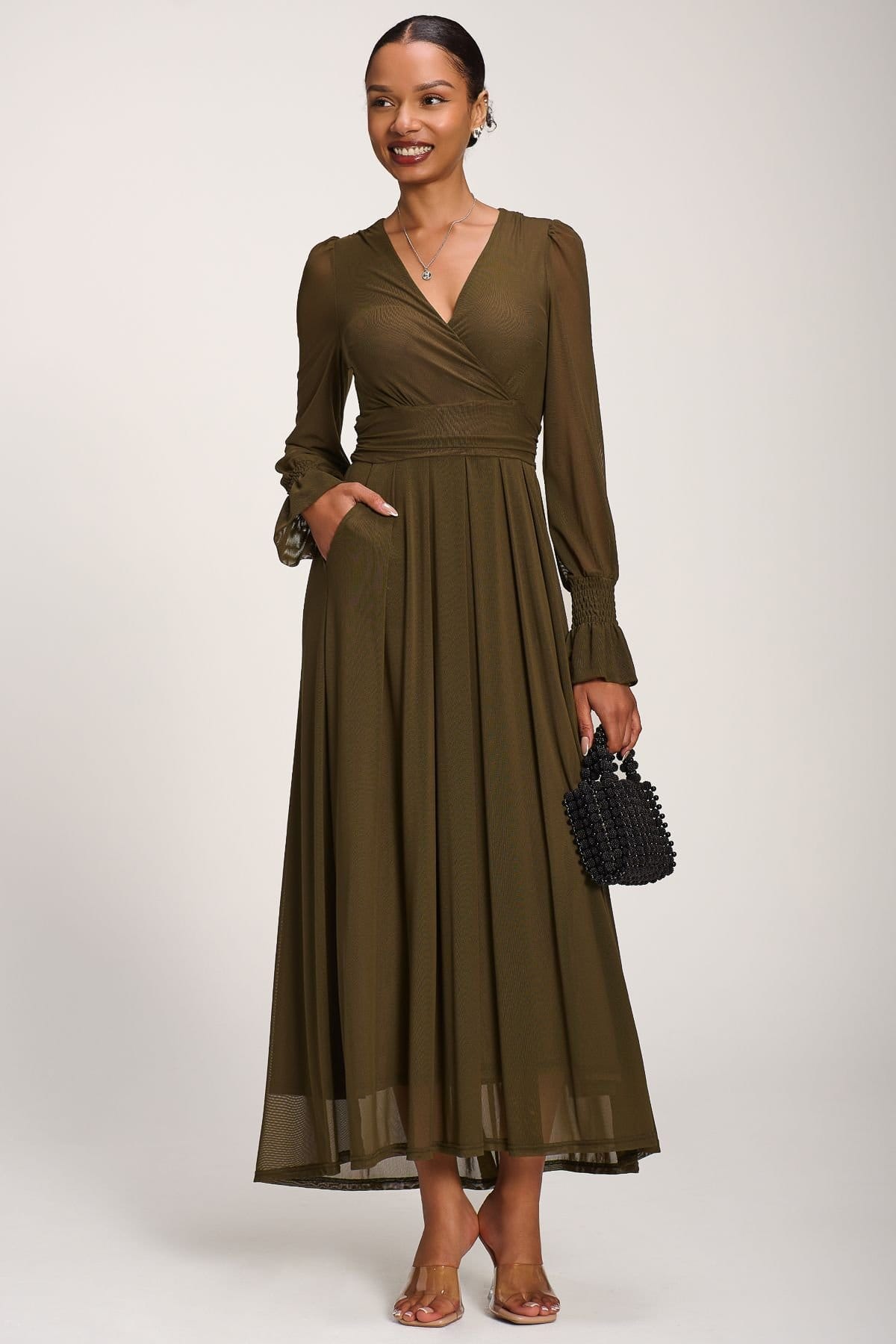 Jolie Moi Jolie Moi Women's Long Sleeve Mesh Maxi Dress in Dark Olive - 4
