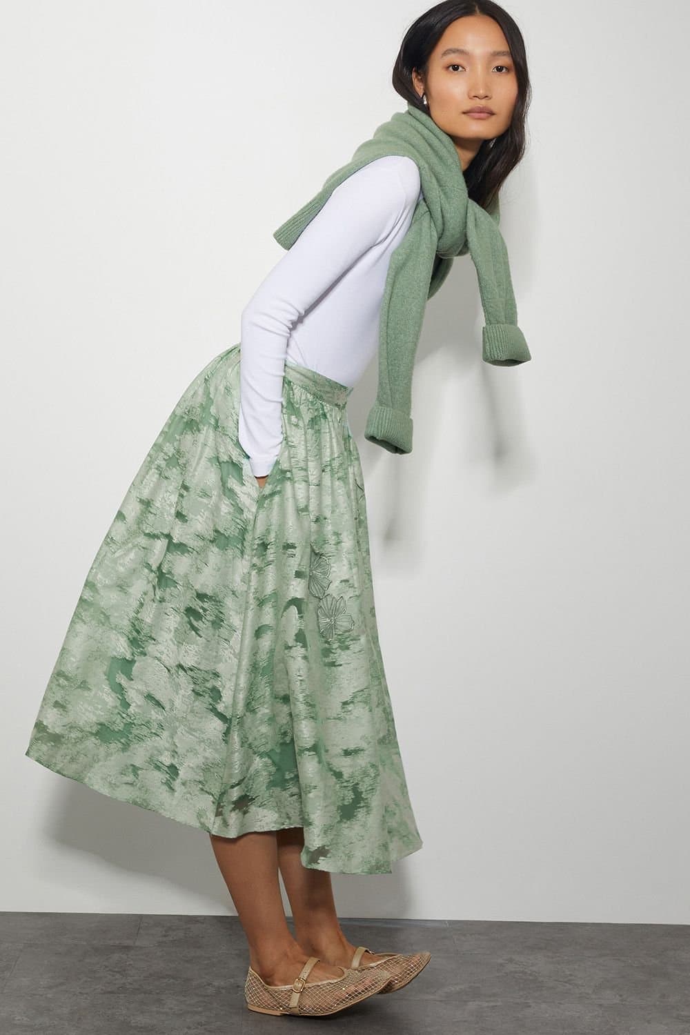 Monsoon Monsoon Green Floral Jacquard Midi Skirt