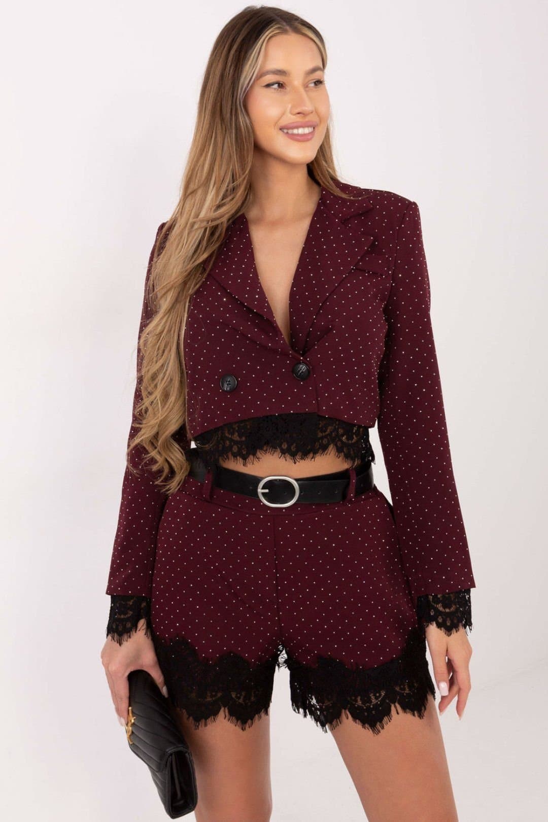 Love Lace Love Lace Women's Elegant High Waist Shorts with Lace Trim Style 222167 in Burgundy