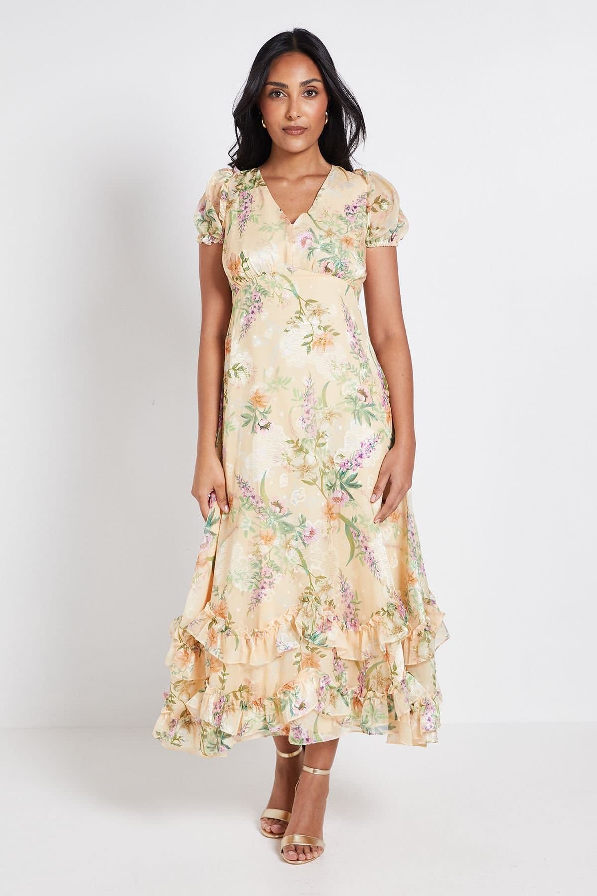 Wallis Wallis Women's Petite Floral Satin Ruffle Hem Midaxi Dress in Yellow