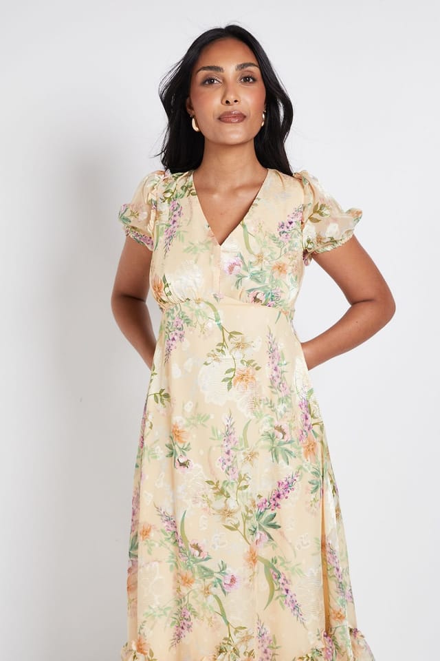 Wallis Wallis Women's Petite Floral Satin Ruffle Hem Midaxi Dress in Yellow - 2