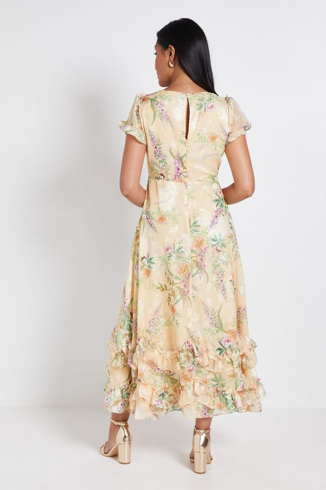 Wallis Wallis Women's Petite Floral Satin Ruffle Hem Midaxi Dress in Yellow - 3