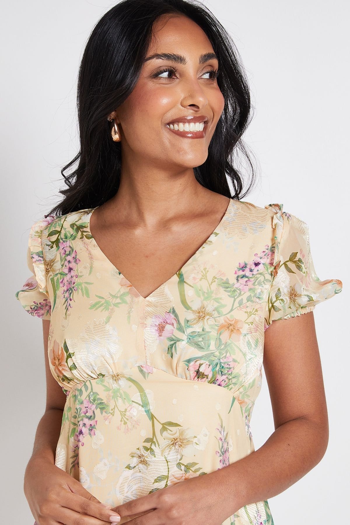 Wallis Wallis Women's Petite Floral Satin Ruffle Hem Midaxi Dress in Yellow - 4