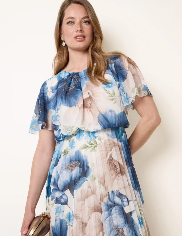 Blue Vanilla Pleated Scoop Neck Short Sleeve Floral Dress - 2