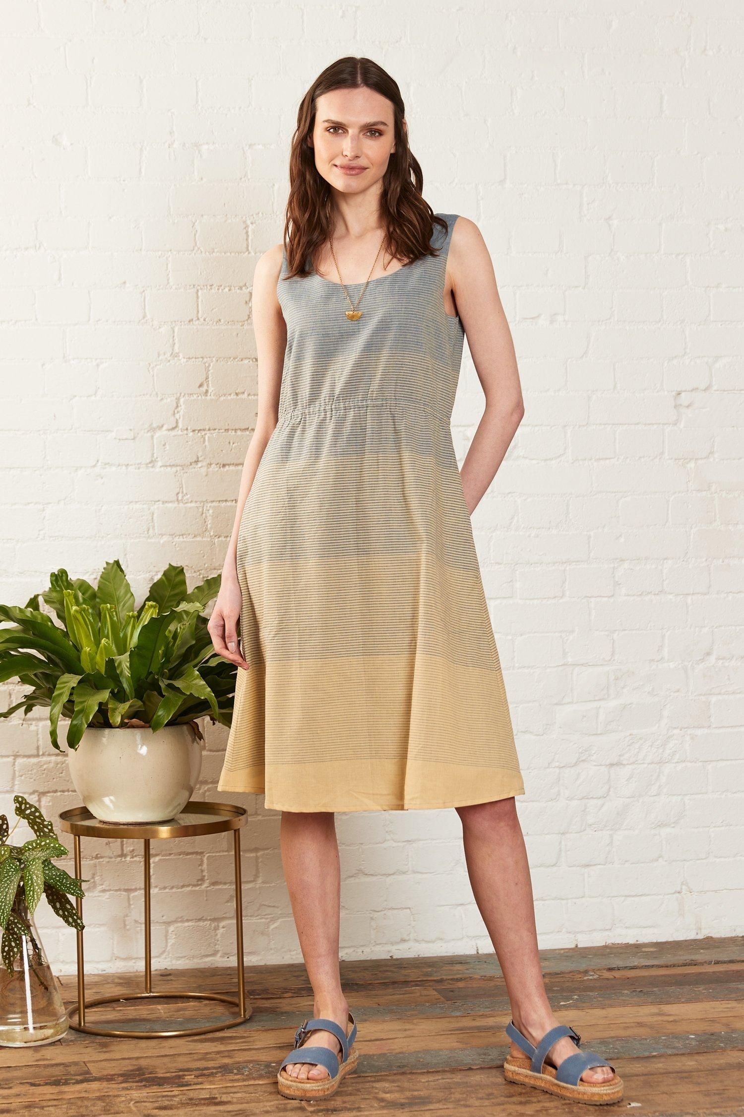 Nomads Clothing Nomads Clothing Women's Striped Cotton Handloom Dress in Beige - 2