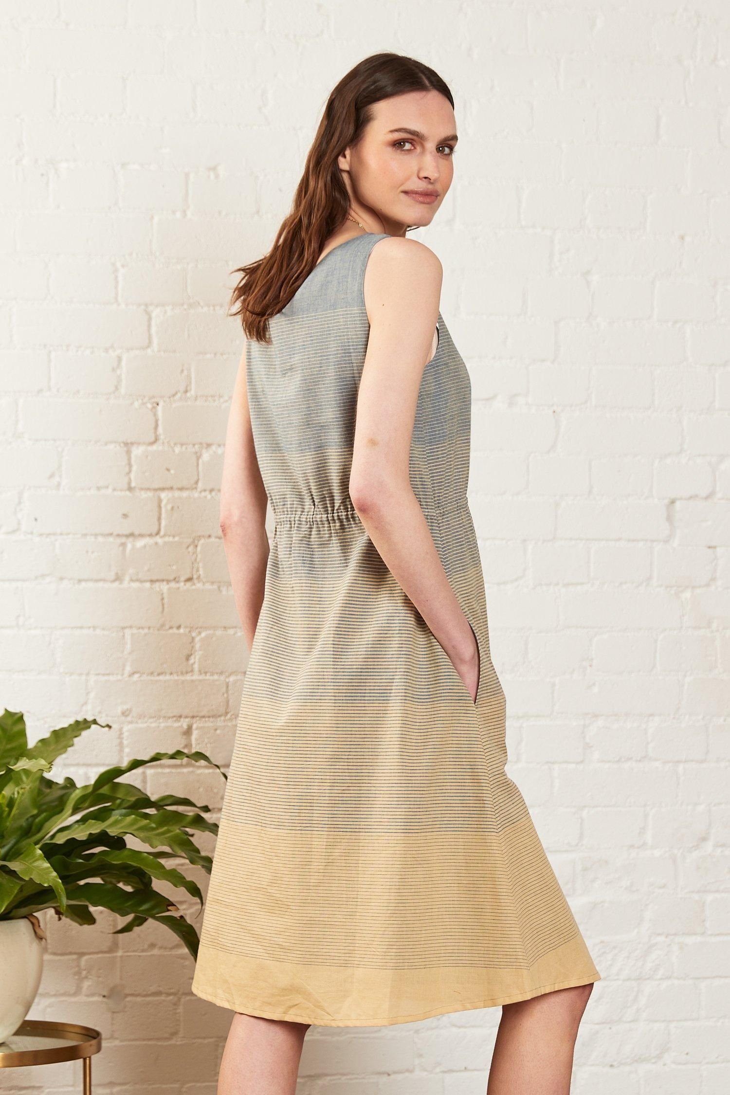 Nomads Clothing Nomads Clothing Women's Striped Cotton Handloom Dress in Beige - 3