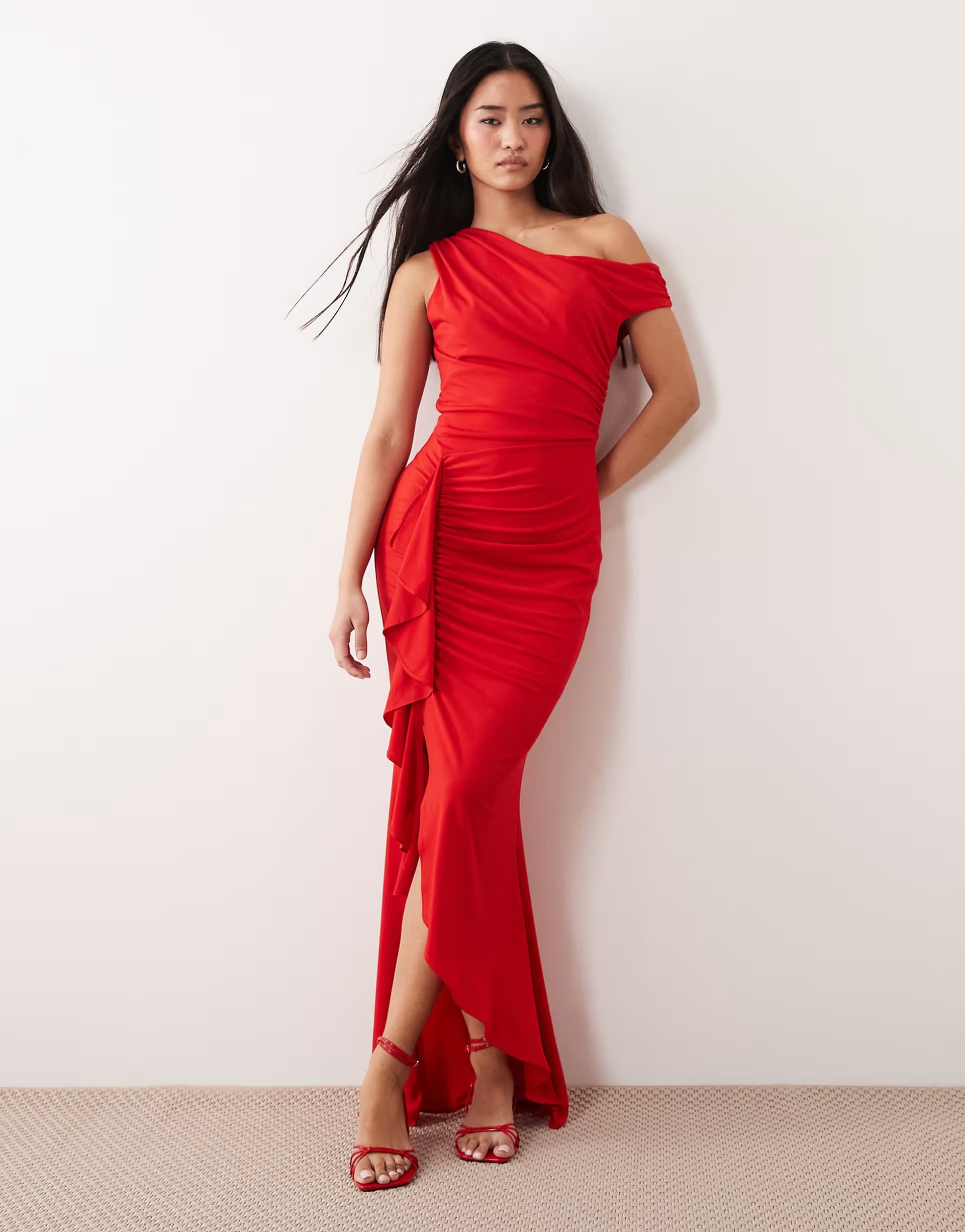 ASOS TFNC slinky fallen shoulder thigh split ruffle detail midaxi dress in red