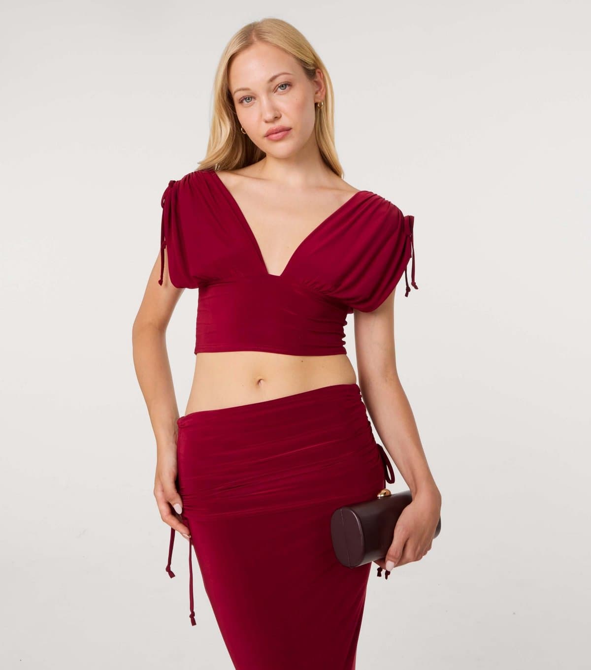 Pink Vanilla Pink Vanilla Dark Burgundy Slinky Ruched Shoulder Crop Top