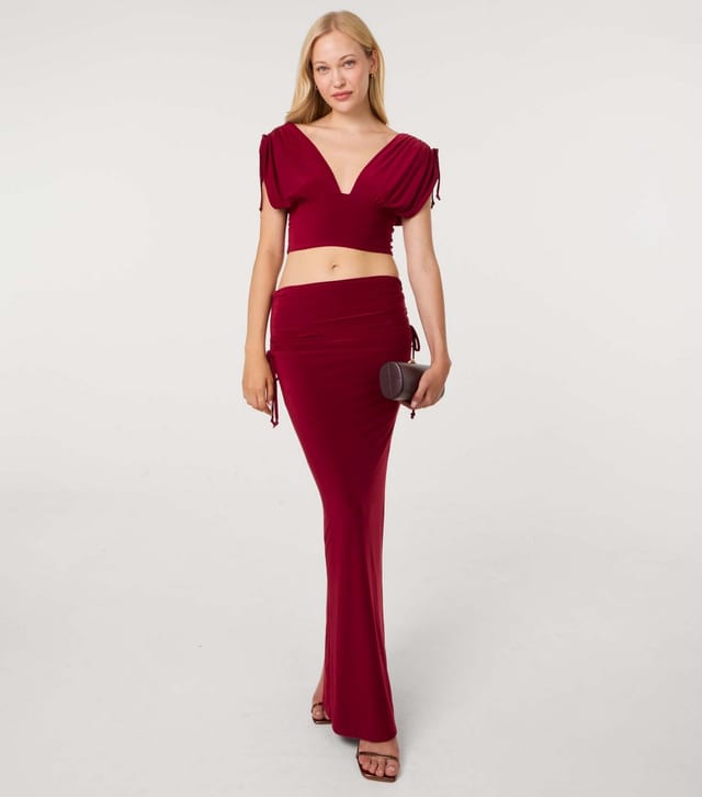Pink Vanilla Women's Dark Burgundy Slinky Ruched Shoulder Crop Top Pink Vanilla New Look - 2