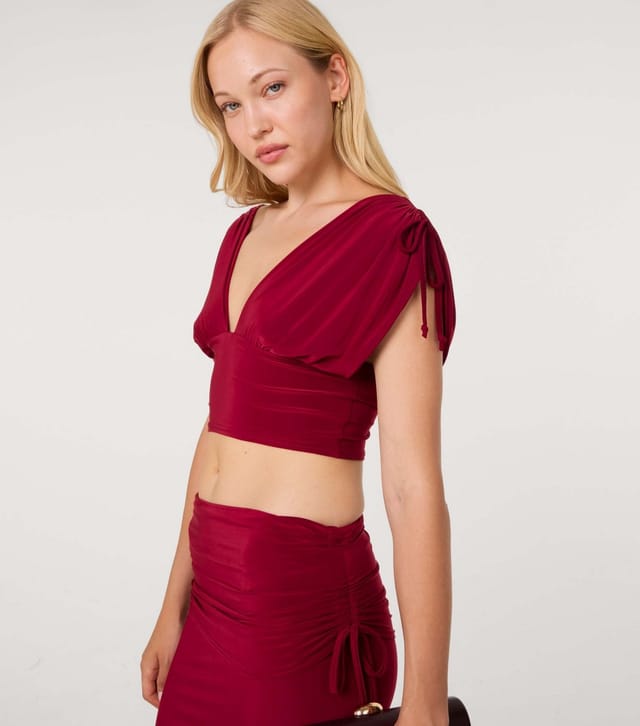 Pink Vanilla Women's Dark Burgundy Slinky Ruched Shoulder Crop Top Pink Vanilla New Look - 3