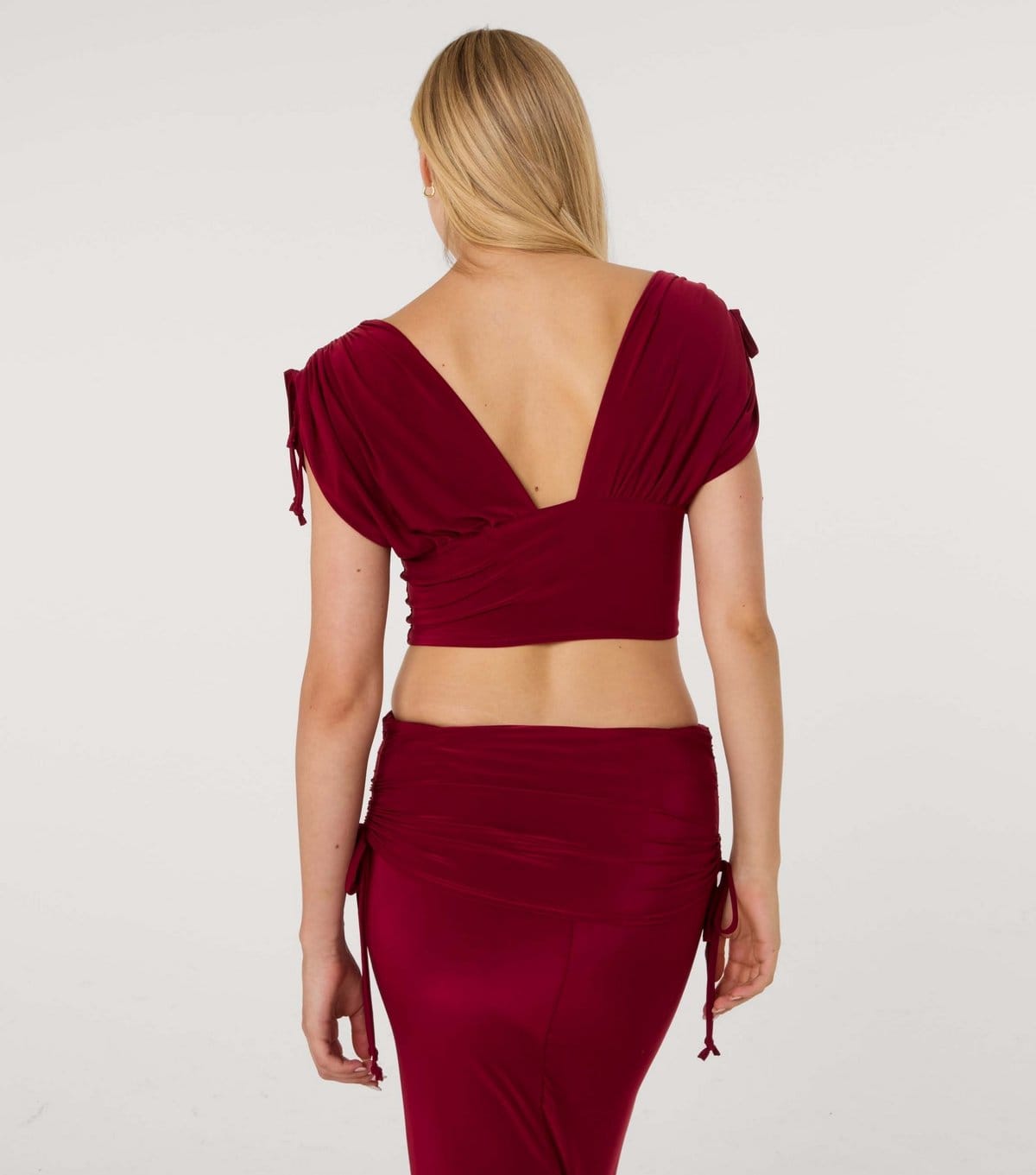 Pink Vanilla Women's Dark Burgundy Slinky Ruched Shoulder Crop Top Pink Vanilla New Look - 4