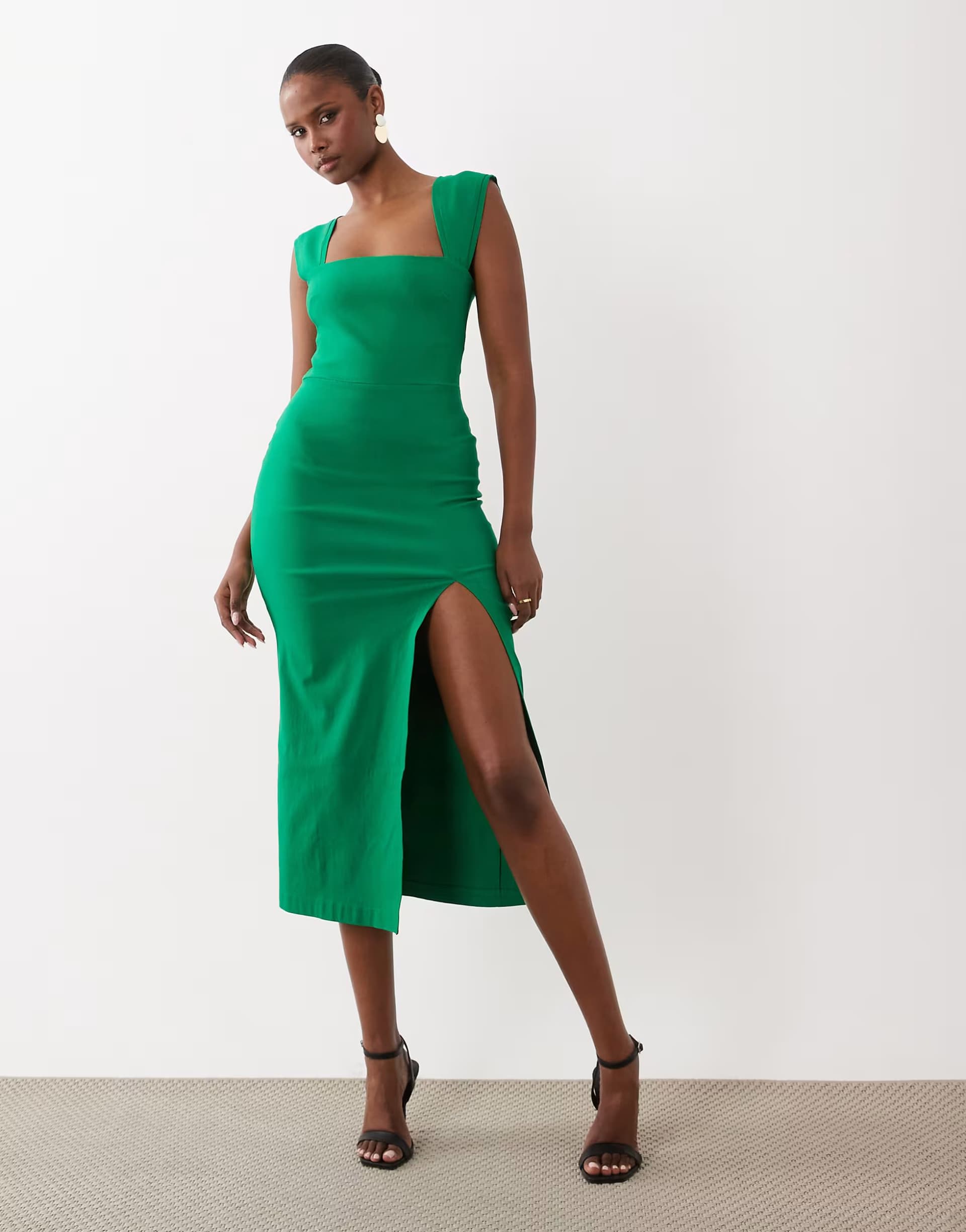 ASOS Vesper bengaline square neck thigh split midi dress in emerald