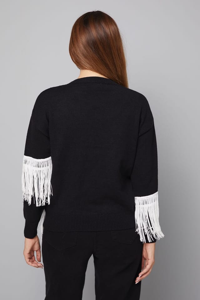 Wallis Wallis Women's Contrast Fringe Knitted Jumper in Black - 3