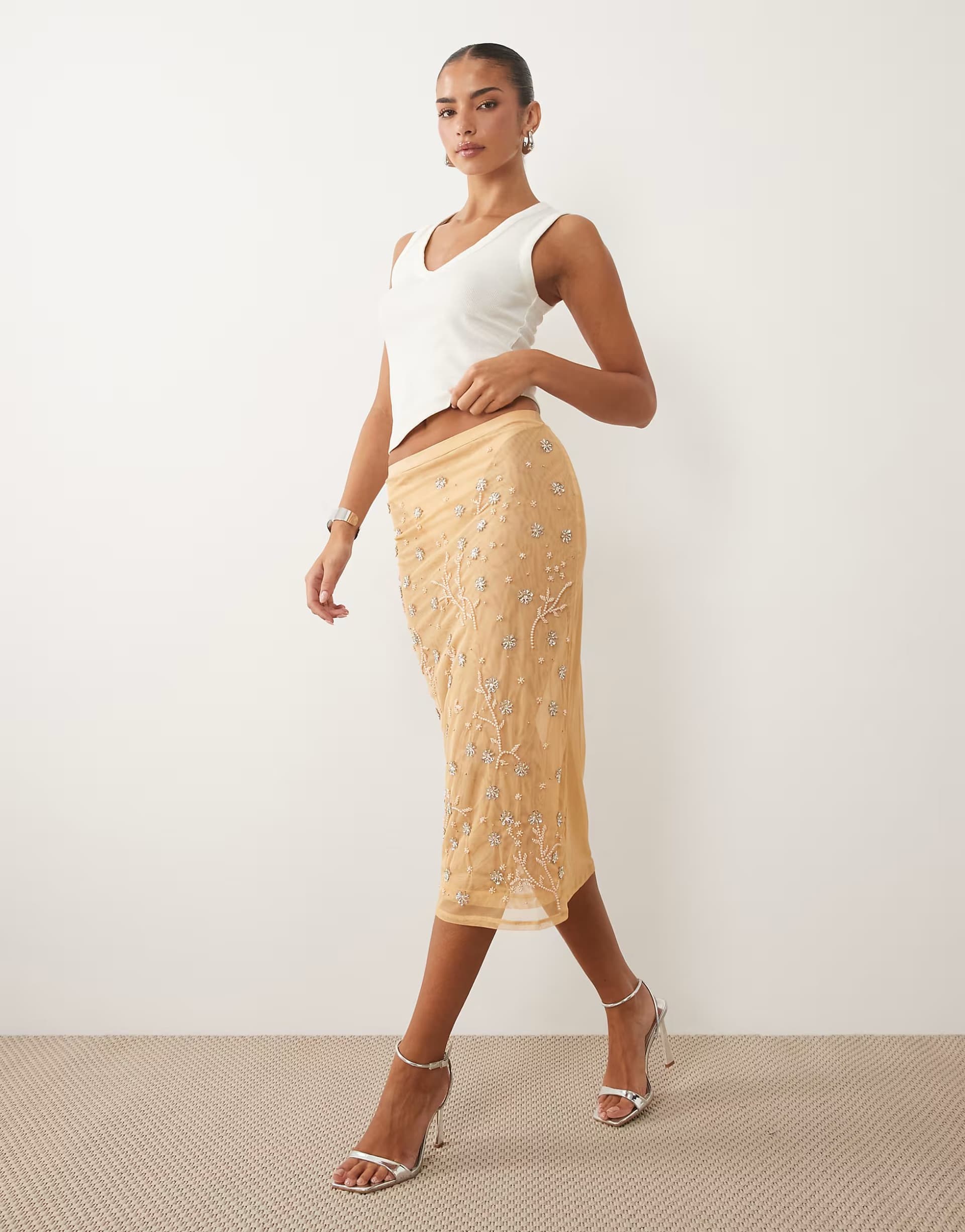 ASOS ASOS DESIGN scattered embellished mesh maxi skirt in cream