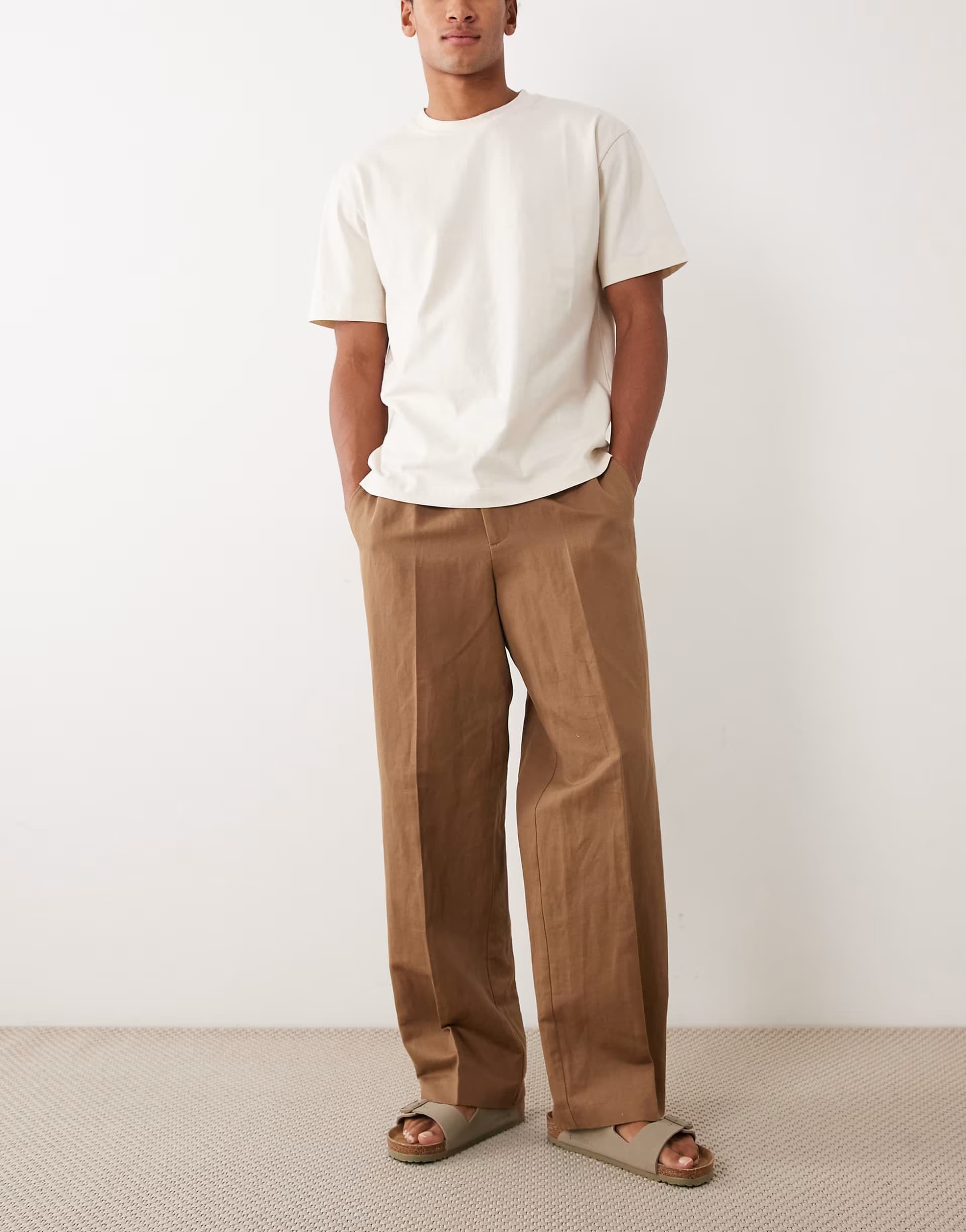 ASOS ASOS DESIGN linen rich tailored wide leg pull on trousers in warm brown