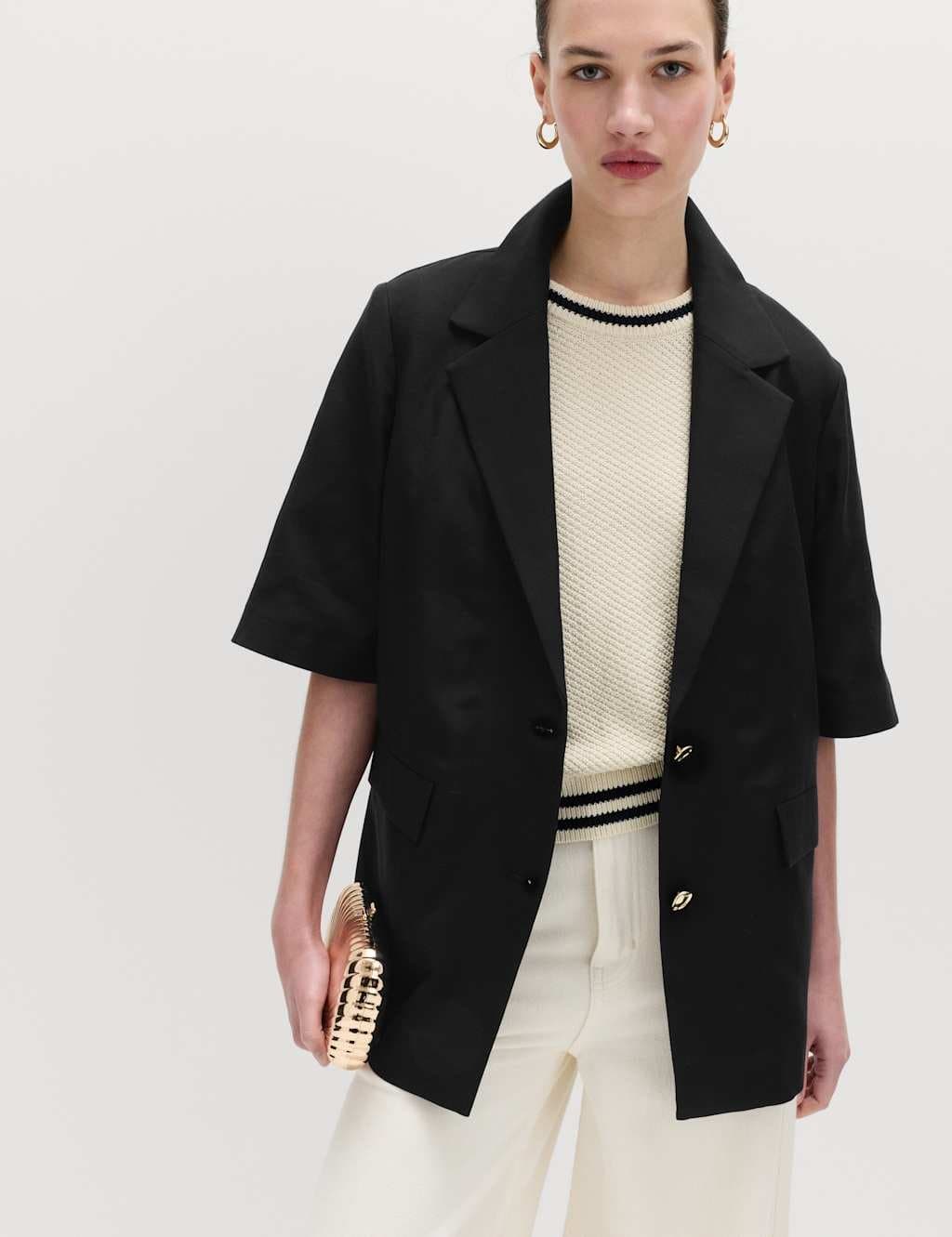 Marks & Spencer M&S Lyocell Rich Short Sleeve Jacket with Linen Black