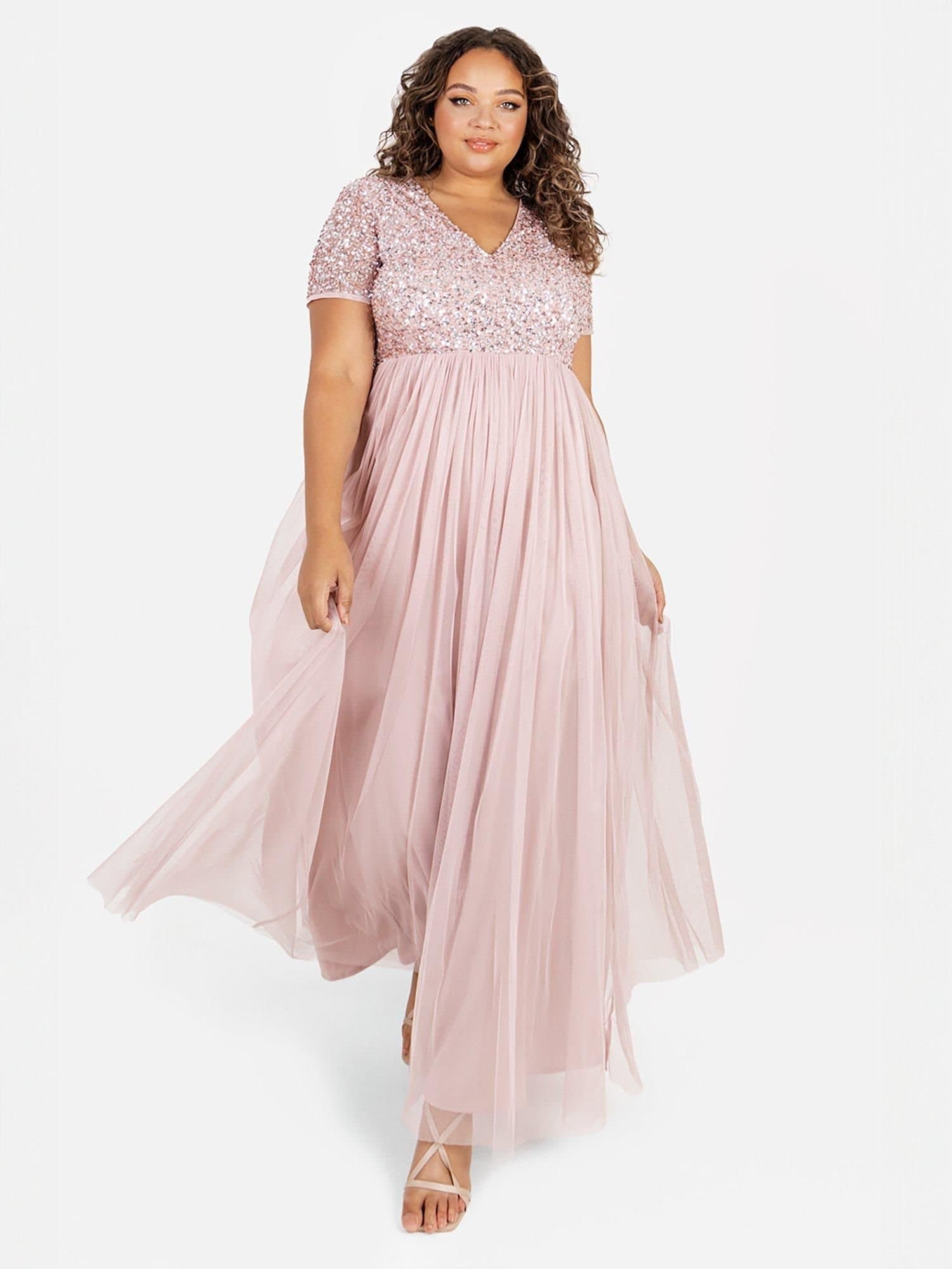 Maya Deluxe Maya Deluxe Women's Short Sleeve V Neck Embellished Maxi Dress in Light Pink
