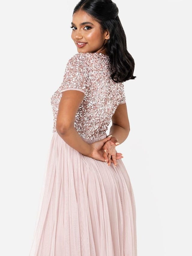 Maya Deluxe Maya Deluxe Women's Short Sleeve V Neck Embellished Maxi Dress in Light Pink - 2