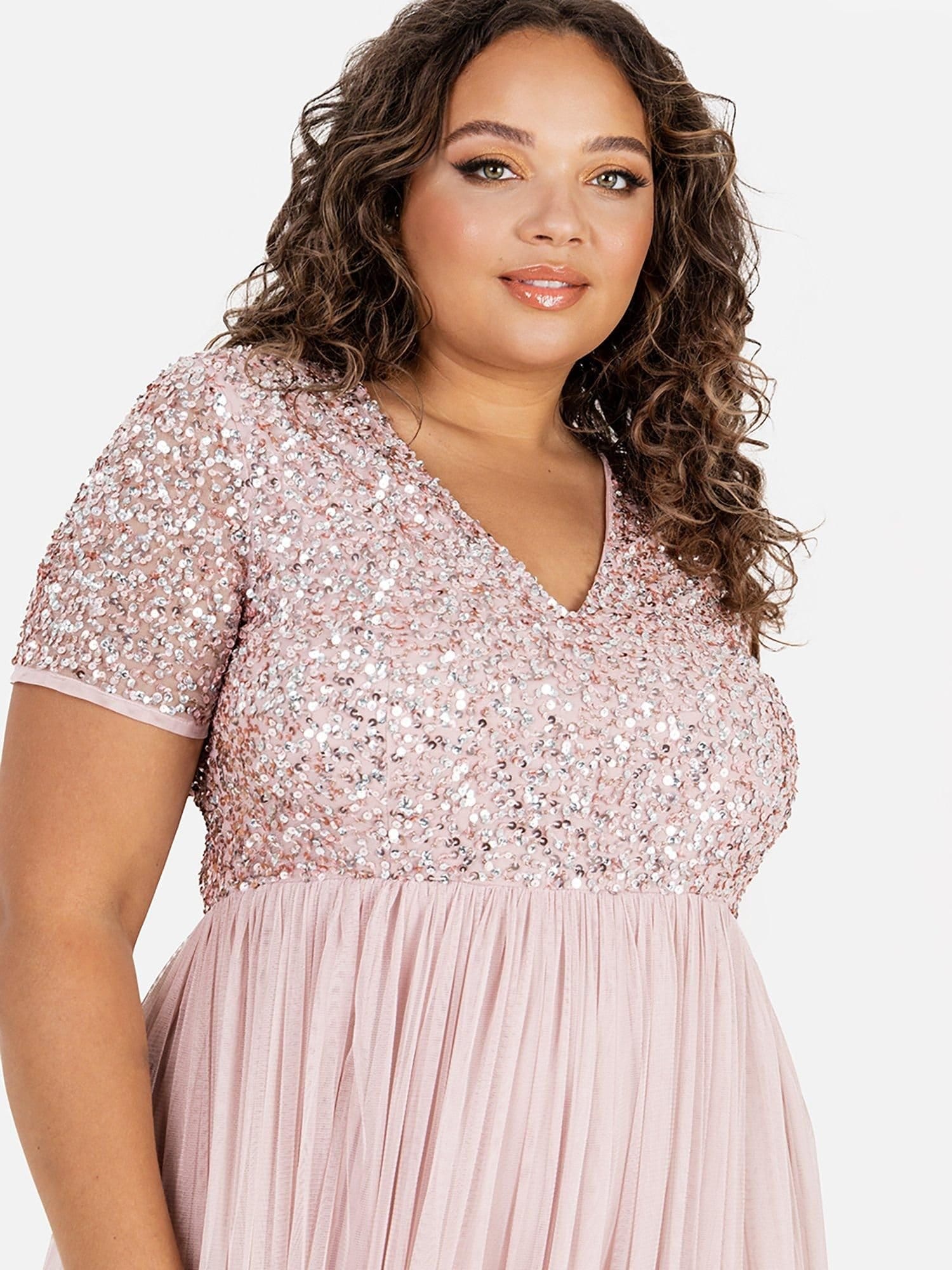 Maya Deluxe Maya Deluxe Women's Short Sleeve V Neck Embellished Maxi Dress in Light Pink - 4