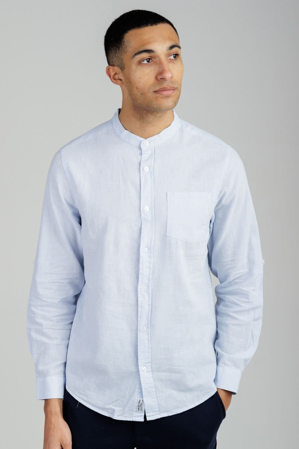 Tokyo Laundry Tokyo Laundry Light Blue Linen Blend Shirt with Grandad Collar