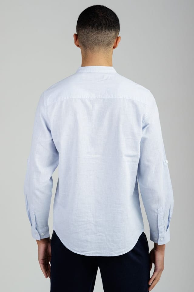 Tokyo Laundry Tokyo Laundry Men's Linen Blend Long Sleeve Button-Up Shirt with Grandad Collar in Light Blue - 2