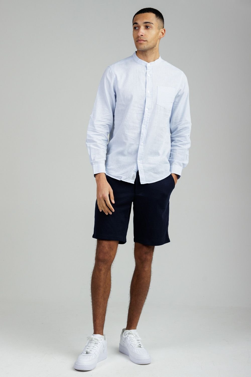 Tokyo Laundry Tokyo Laundry Men's Linen Blend Long Sleeve Button-Up Shirt with Grandad Collar in Light Blue - 3