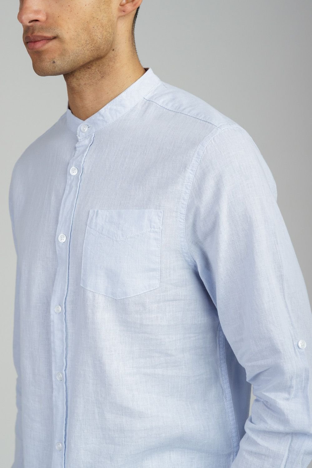 Tokyo Laundry Tokyo Laundry Men's Linen Blend Long Sleeve Button-Up Shirt with Grandad Collar in Light Blue - 4