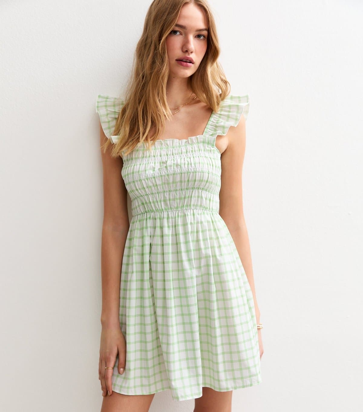 New Look Women's Green Checked Frill Strap Mini Dress New Look