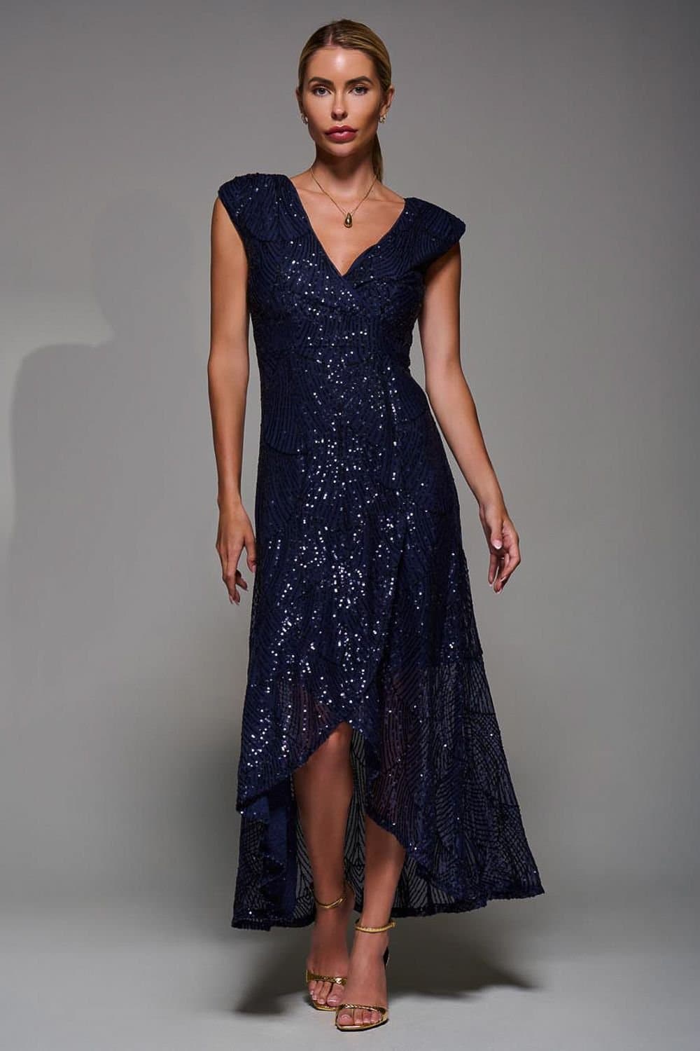 Jolie Moi Jolie Moi Women's Sequin Asymmetric Ruffle Hem Maxi Dress in Navy