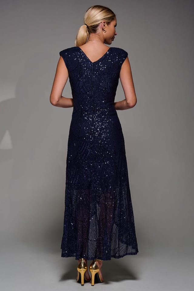 Jolie Moi Jolie Moi Women's Sequin Asymmetric Ruffle Hem Maxi Dress in Navy - 2