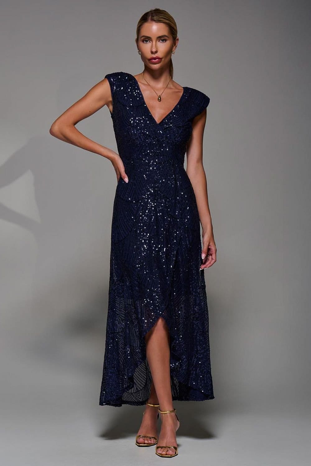 Jolie Moi Jolie Moi Women's Sequin Asymmetric Ruffle Hem Maxi Dress in Navy - 4
