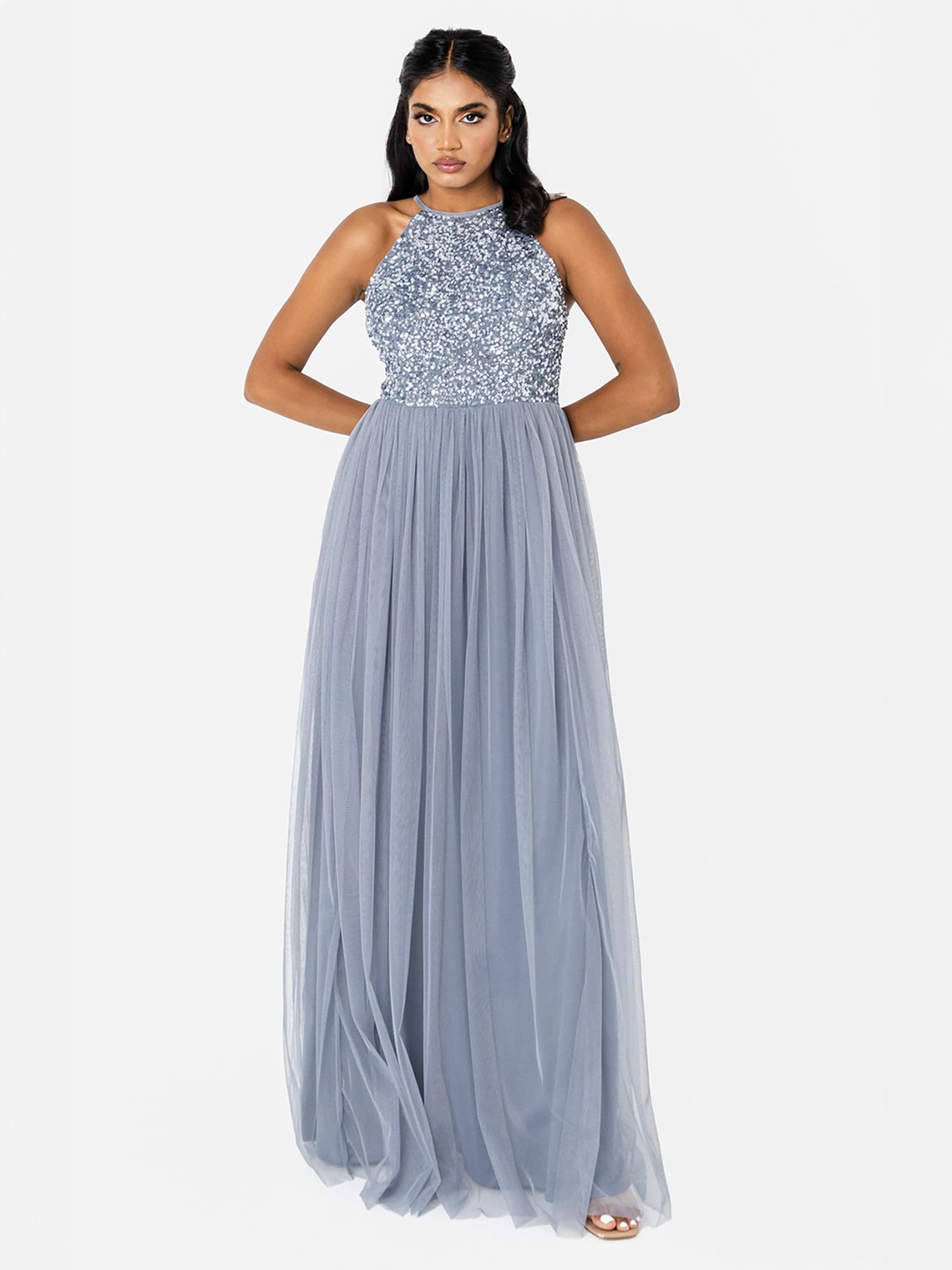 Maya Deluxe Maya Deluxe Women's Embellished Halter Neck Maxi Dress in Blue - 2