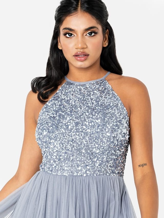 Maya Deluxe Maya Deluxe Women's Embellished Halter Neck Maxi Dress in Blue - 2